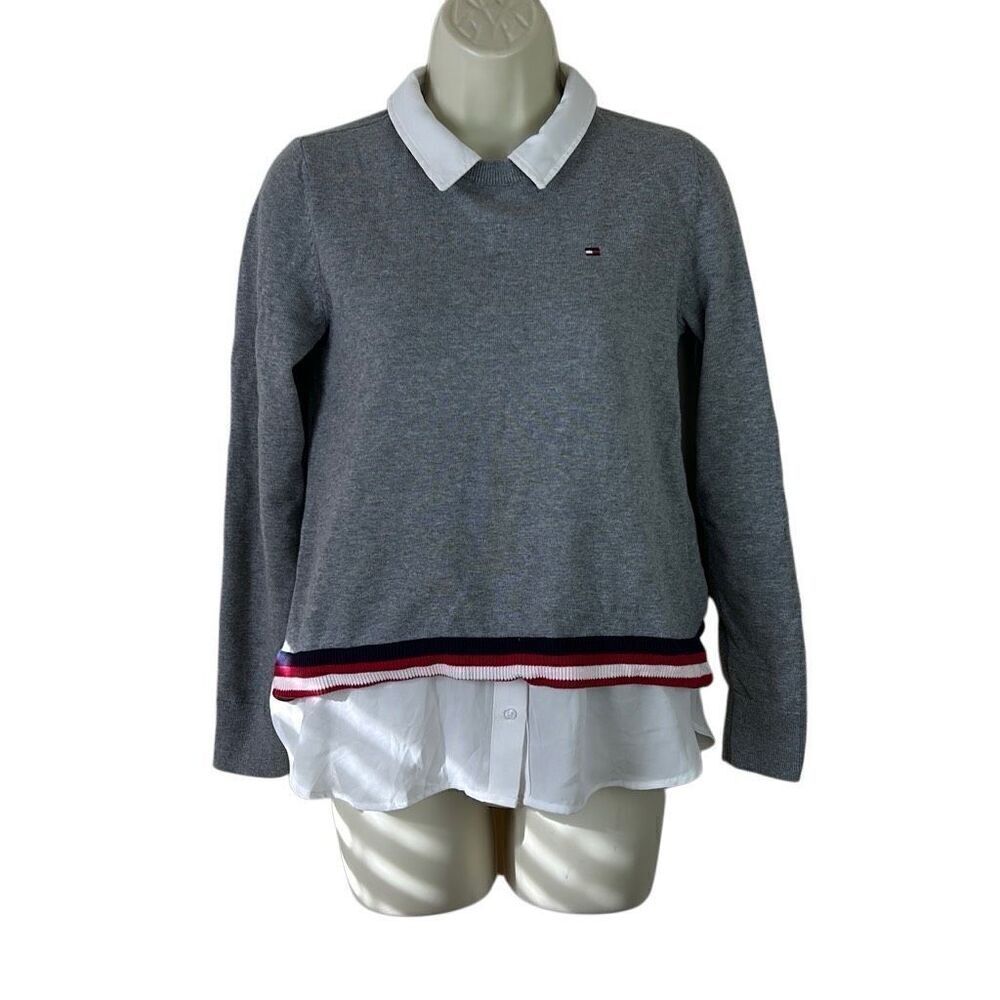 Tommy Hilfiger Women’s Grey Tipped Play Twofer Long Sleeve Sweater